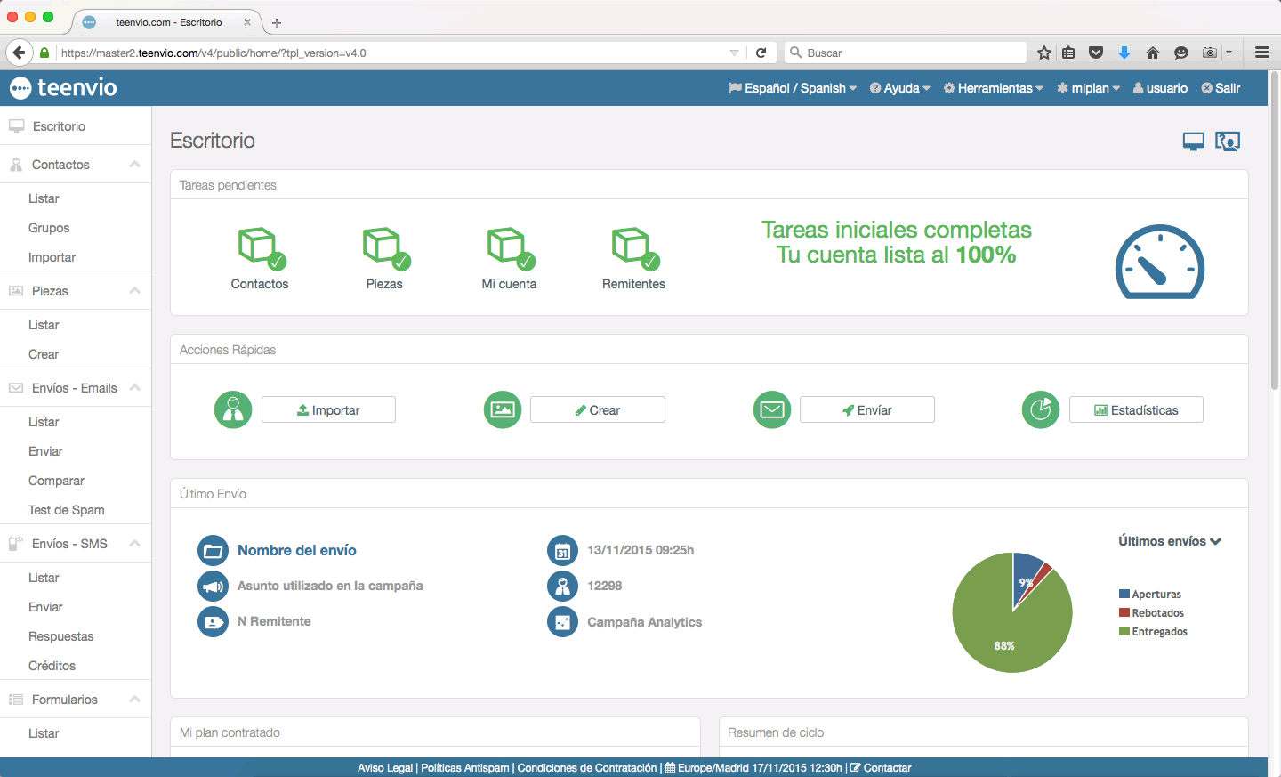 Nuevo email marketing teenvio interface