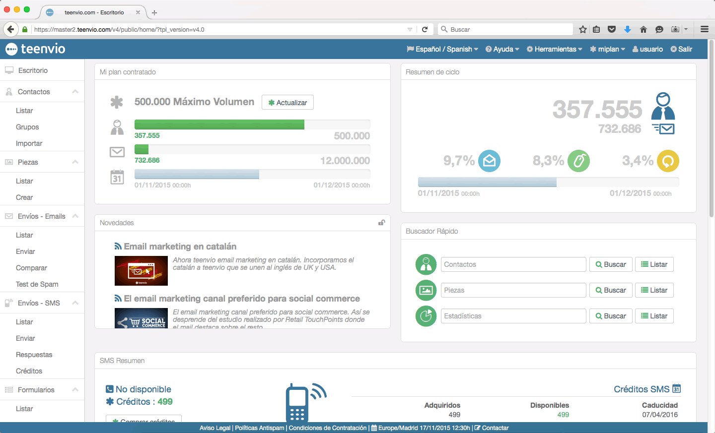 Nuevo email marketing teenvio interface
