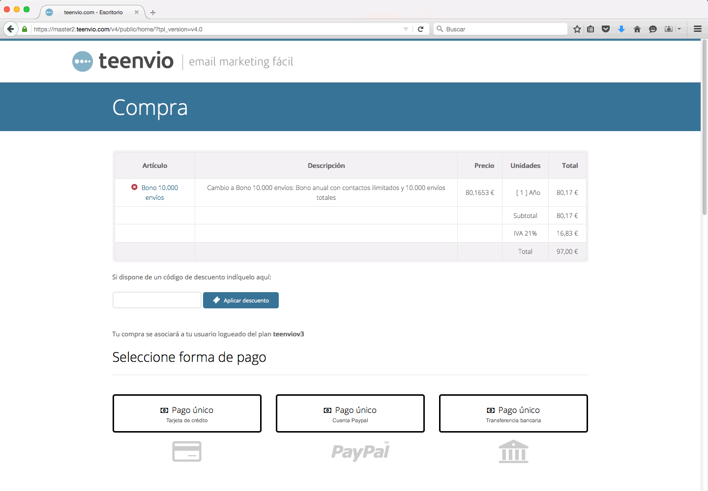 Nuevo email marketing teenvio compra