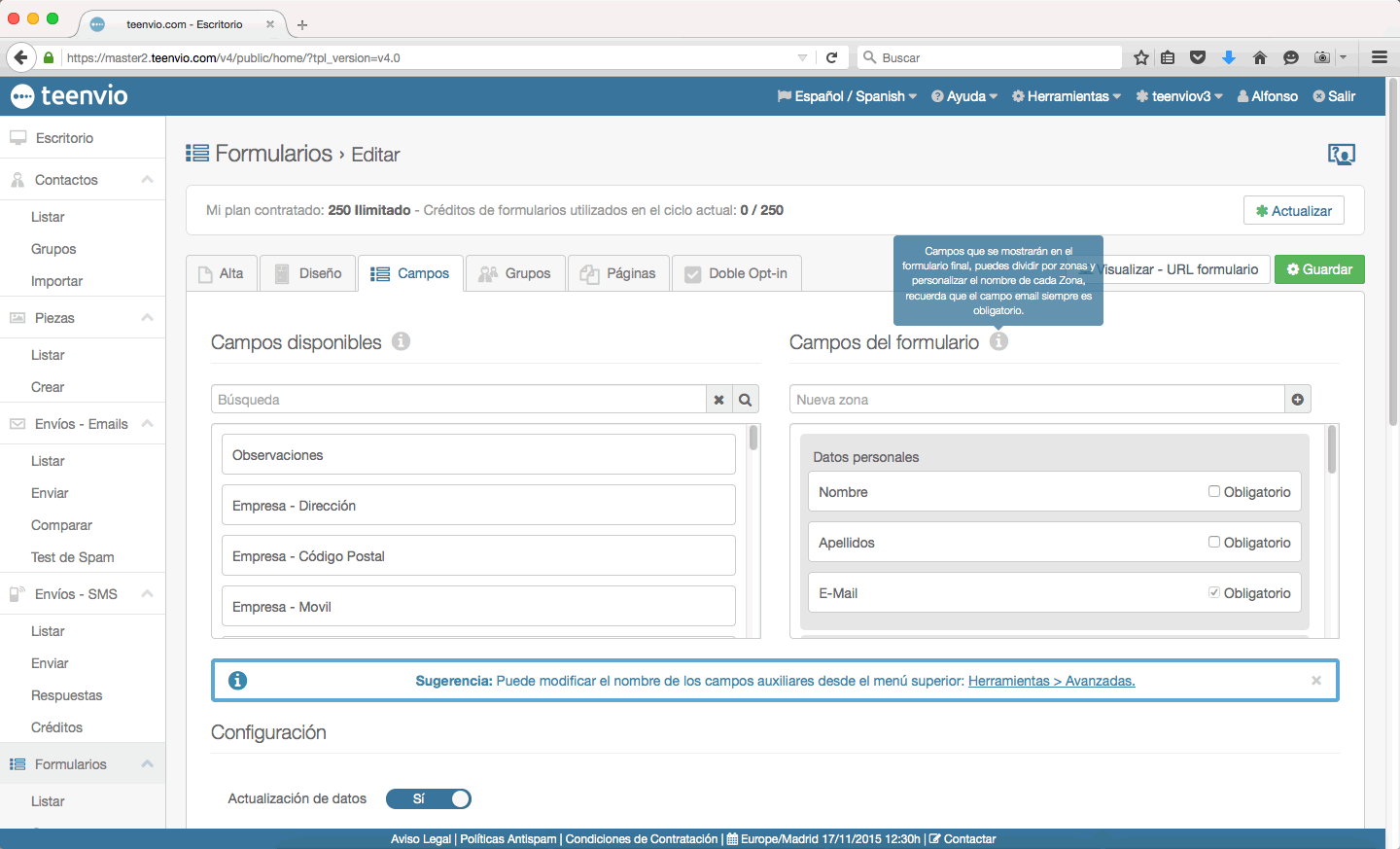 Nuevo email marketing teenvio formularios