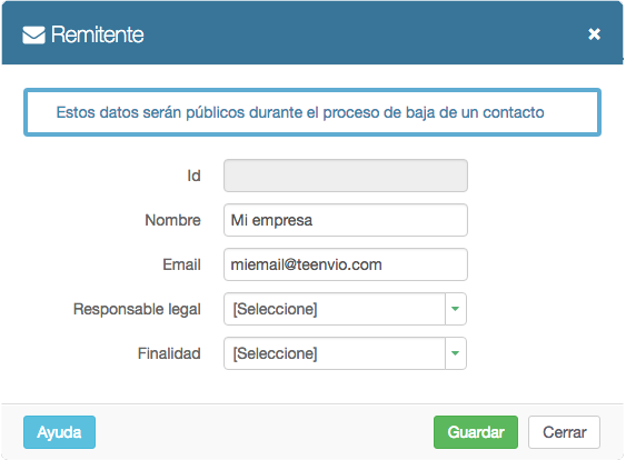 Remitente con asociación de responsable y finalidad