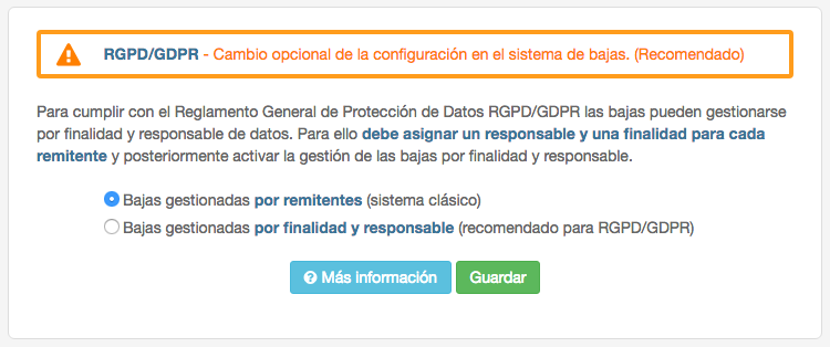 Cambio a sistema de bajas gestionadas por responsable y finalidad